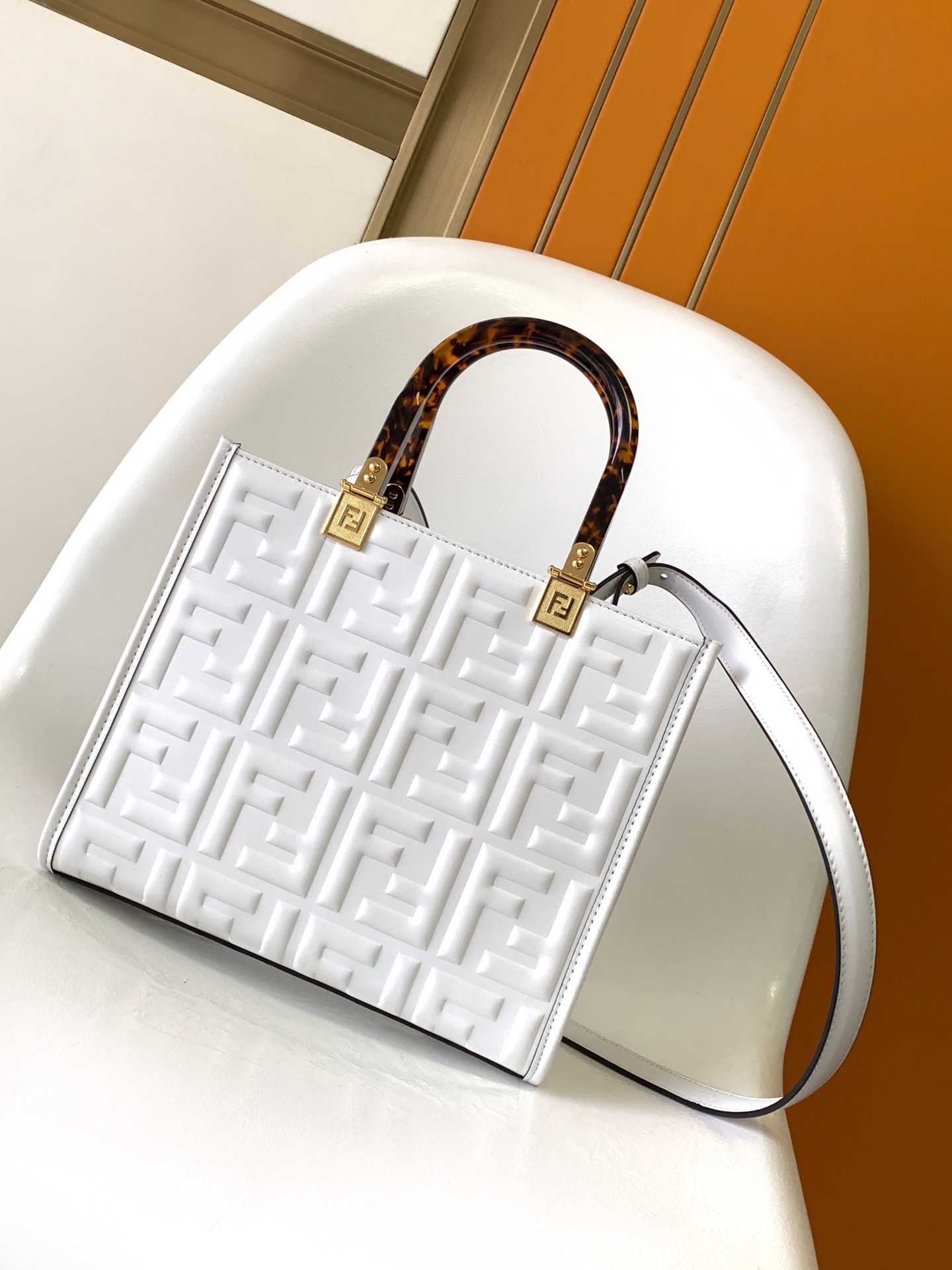 Fendi Mini Sunshine Shopper White Leather Bag with Raised 3D-texture FF Motif